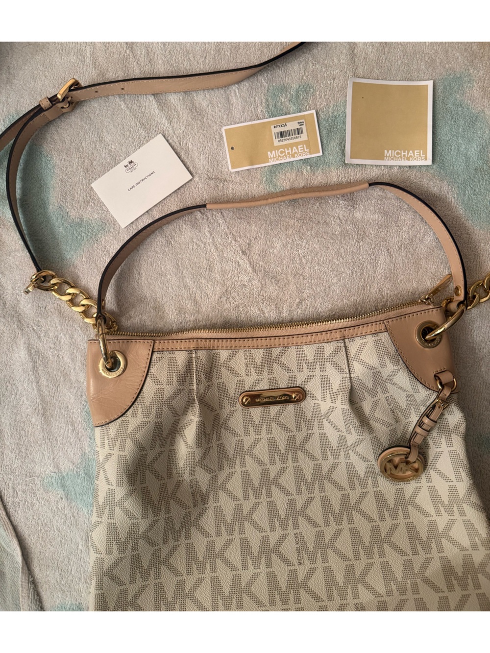Michael Kors Beige Cream Logo-Print Shoulder Bag with Tan Trim